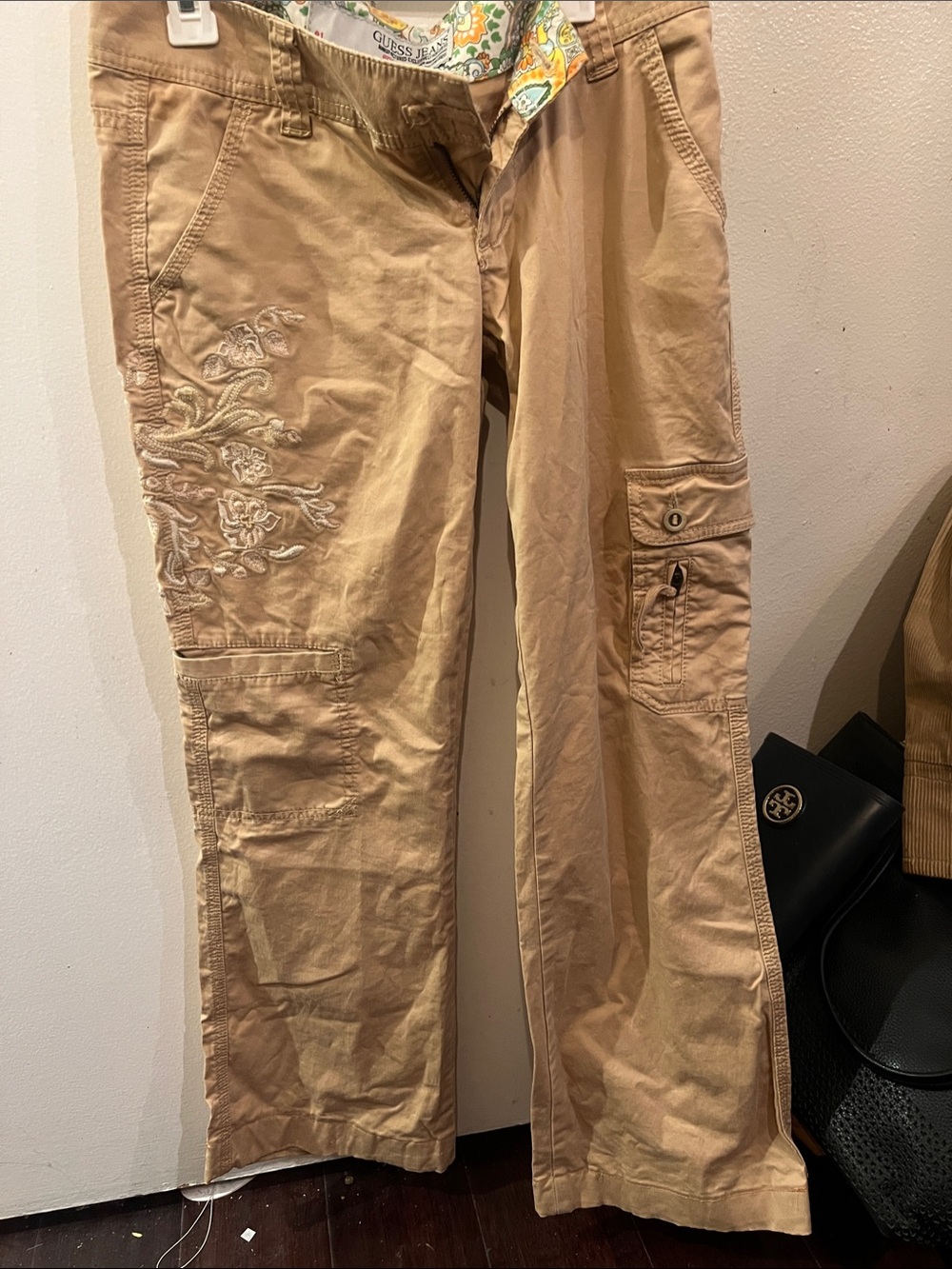 Guess Beige Embroidered Boot Cut Cargo Pants- hemmed to fit 5’ person